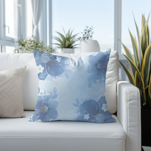 Blue Watercolor Floral Throw Pillow